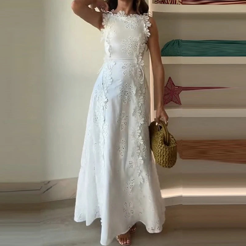 Summer Lace Jacquard Women's Banquet Dress – Elegant Sleeveless O-Neck Slim Fit Long Beach Dress with Hollow-Out Lace-Up Design