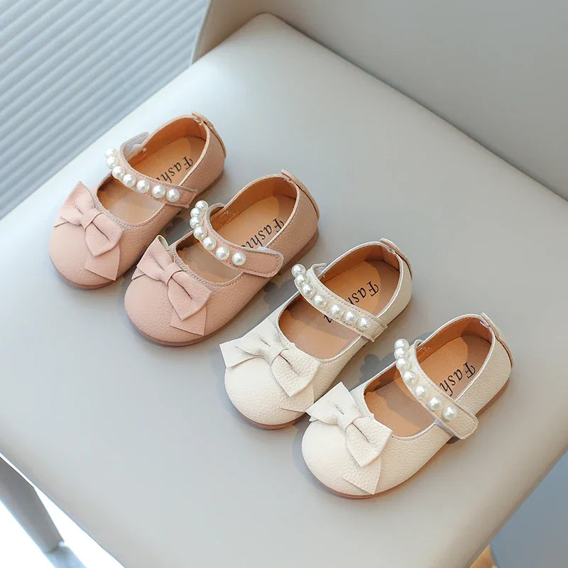 Baby Toddler Girls Party Shoes Leather Pearls Beaded with Butterfly-knot Kids Mary Janes PU Leather Soft Cute Flats