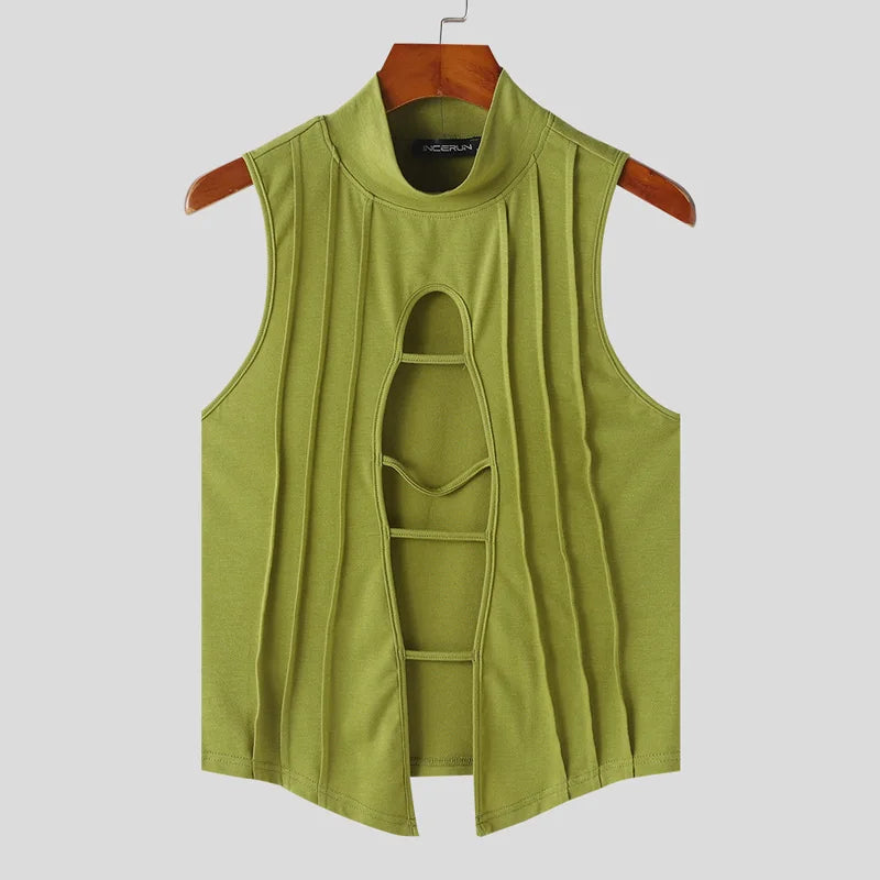 Stylish Clubwear Tops – INCERUN Men's Hollow-Out Semi High Neck Knitted Vests, Fashion Sleeveless Solid Tank Tops (Sizes S–5XL)