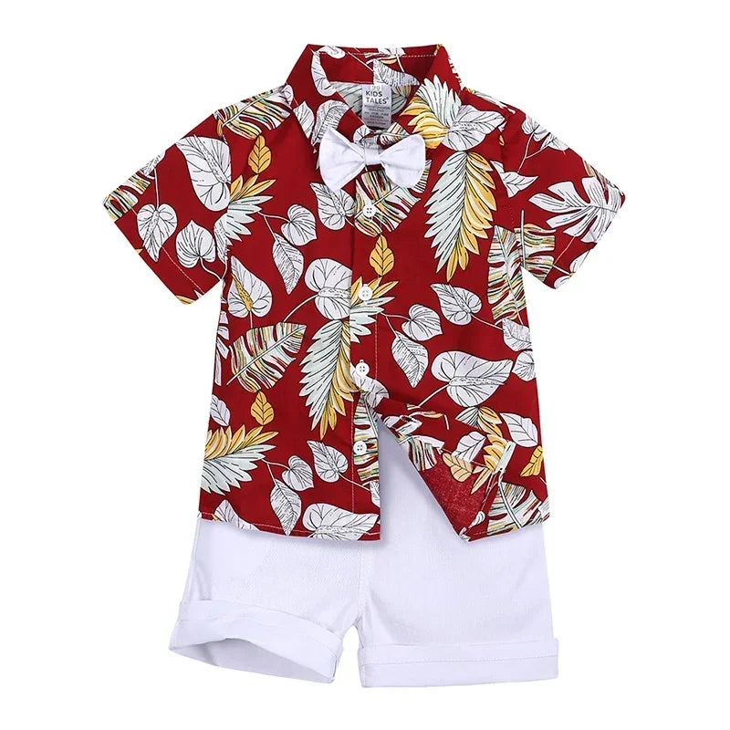 Baby Boys Summer Hawaiian Outfit – Infant & Toddler Gentleman Set with Floral Shirt, Bowtie & Shorts