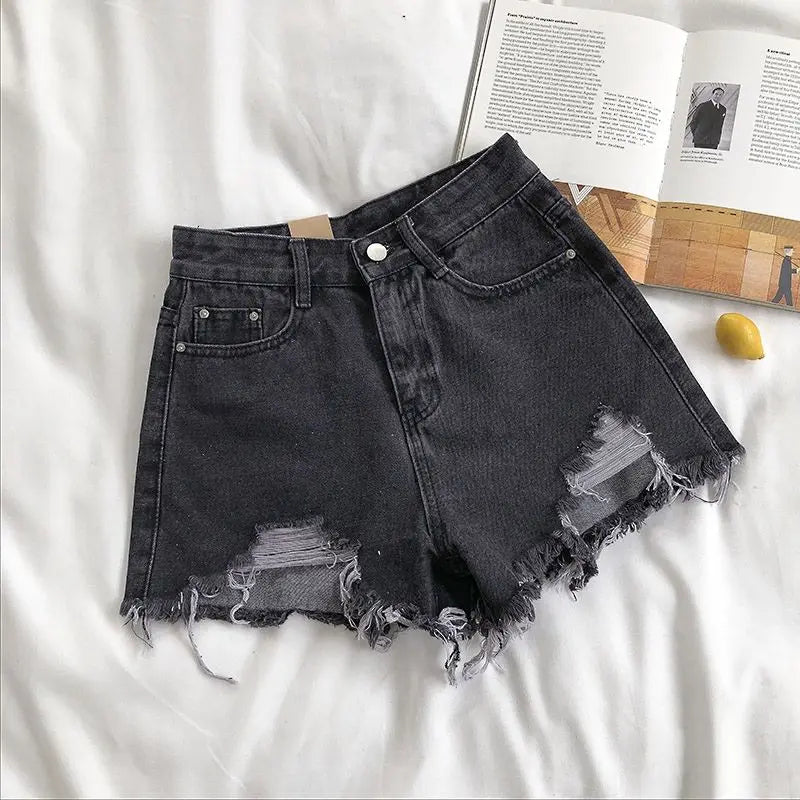 High Waist Denim Shorts Women Summer Pocket Tassel Hole Ripped jeans Short Female Pants