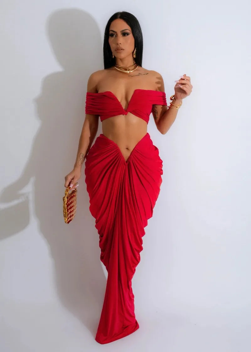 Party Night Ruched Maxi Dress Sets for Women Two Piece Set Sexy Club Outfits Slash Neck Crop Top + Long Skirt Matching Sets