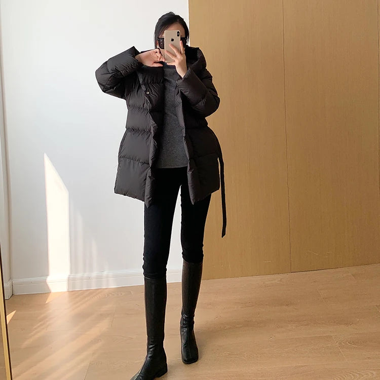 Women's Winter Jackets Ultra Light Warm Puffer Jacket With Belt Plus Size Hooded Female Jacket