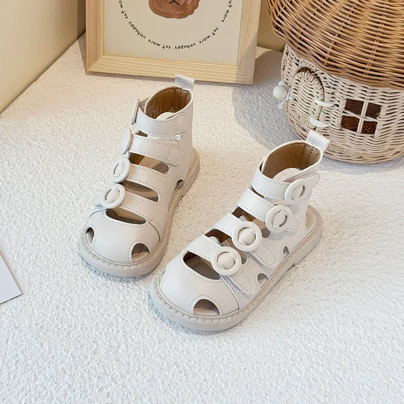 Kids High-Top Beach Shoes – Hollowed-Out Princess Sandals with Hook & Loop Strap | Trendy Summer Solid Color Children’s Sandals