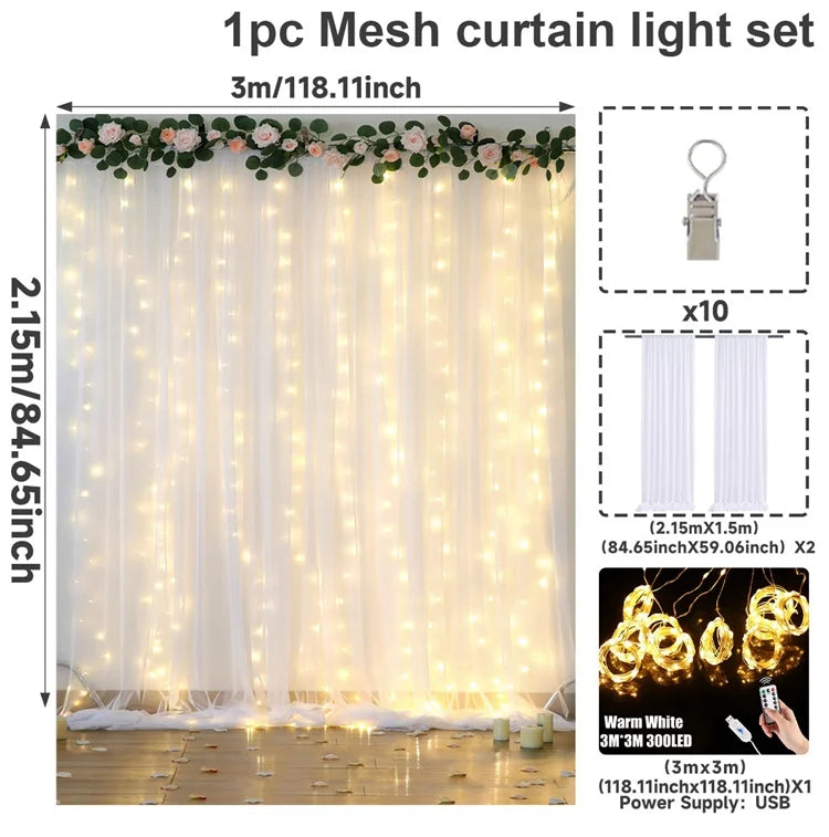 1 Set/2 Pieces Tulle Backdrop Curtains with Lights for Party Wedding Arch Baby Shower Birthday Party Photo Shoot Decorations