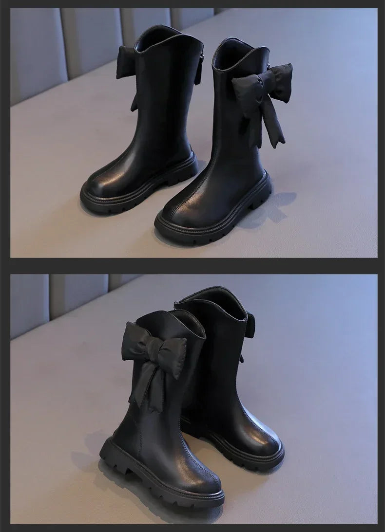 27-37 Girl's Long Boots Black Pu Leather Bowtie Chunky Fashion Children Winter Boot Warm Bowknot Round Toe Knee-high Kids Shoes