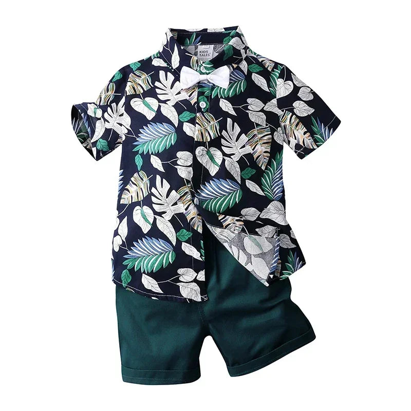 Baby Boys Floral Shirt & Shorts Set with Bowtie, Summer Gentleman Outfit for Infants and Kids