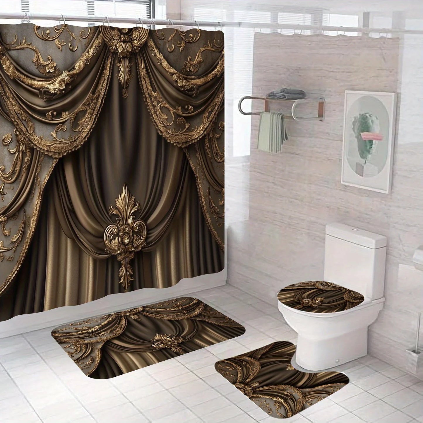 Luxury European-style Shower Curtain Set | Vintage Gold Pattern, Includes Bath Mat & Toilet Lid Cover, 4-Piece Set