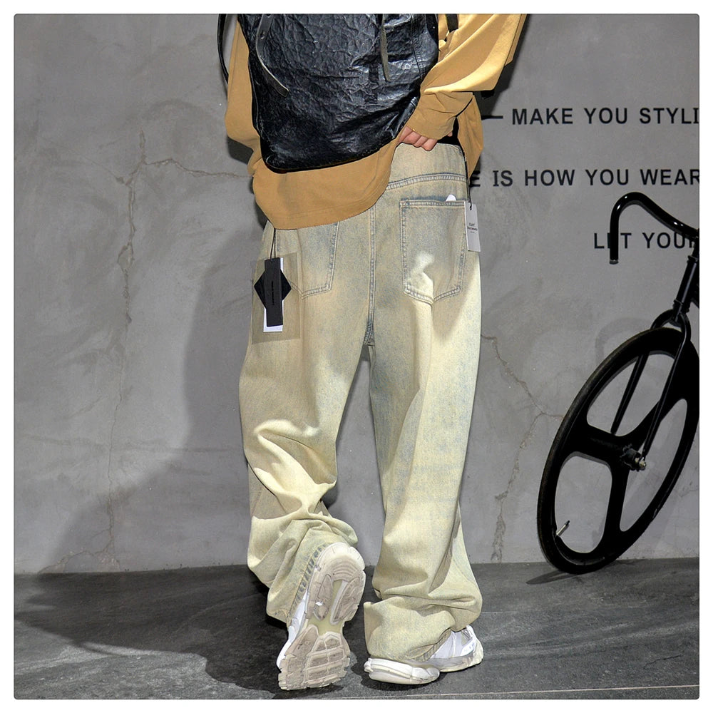 Men's Streetwear Baggy Cargo Jeans – Yellow Mud-Dye Distressed Denim Hip Hop Pants