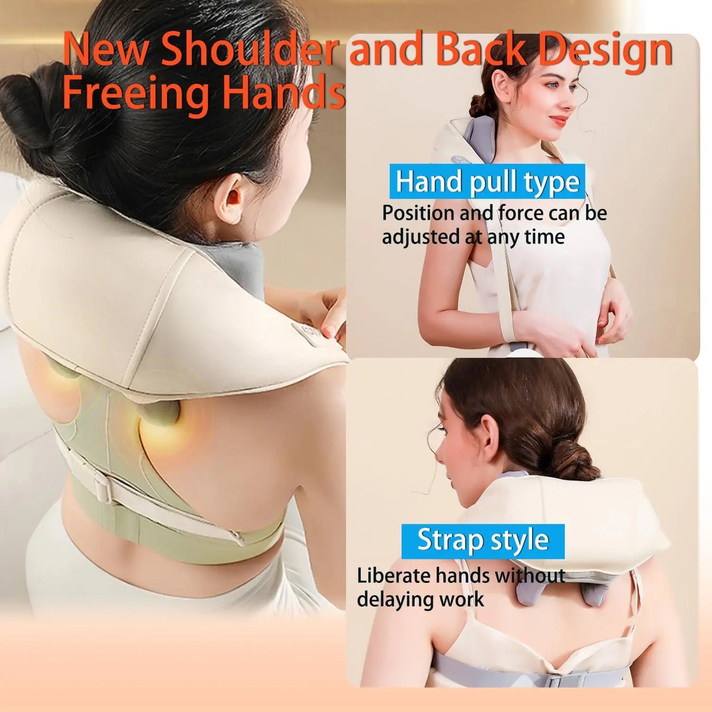 20W Wireless Neck & Shoulder Massager – Beige Kneading Massage Shawl for Back, Cervical & Trapezius