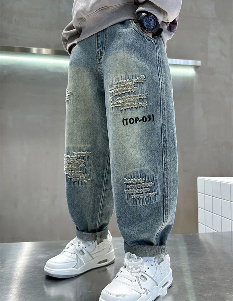 Autumn Boys' Loose Fit Jeans – Kids Baggy Denim Pants for Ages 4-14