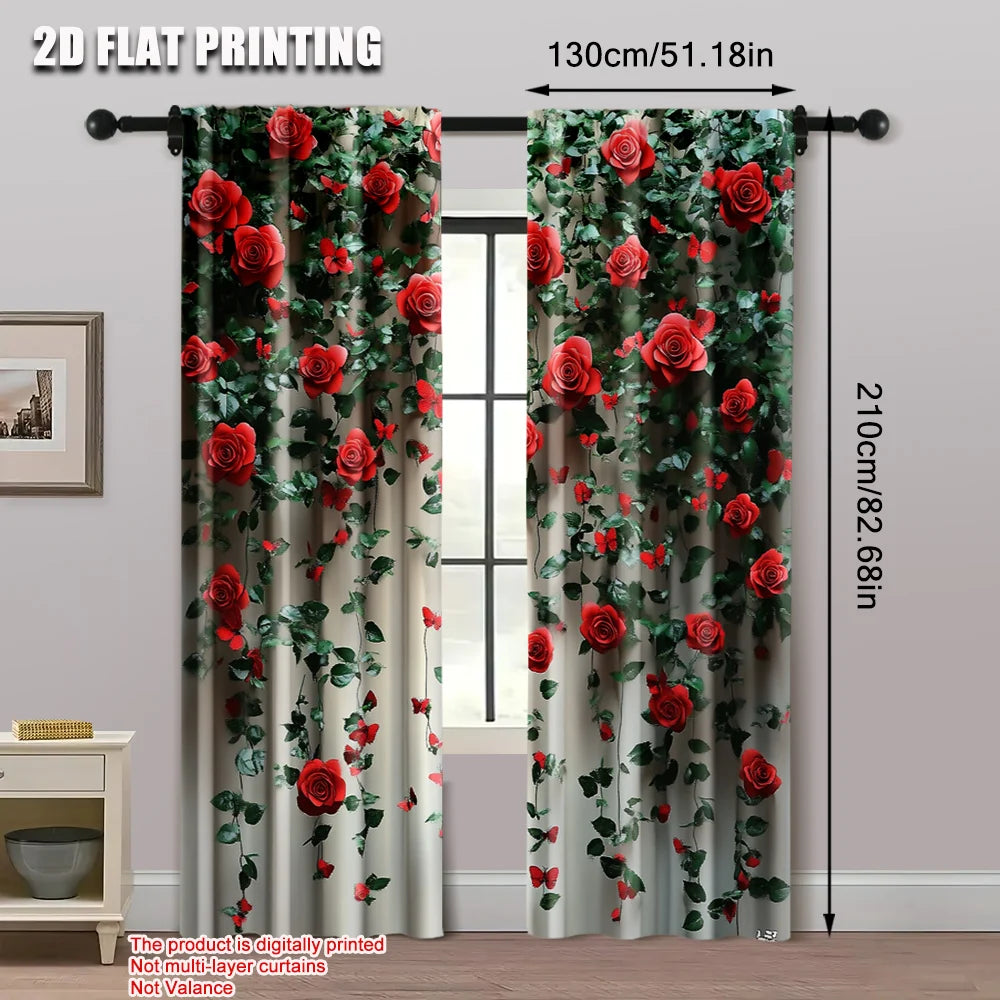 2Pcs 2D Flat Printed Rose & Butterfly Scene Curtains – Floral Polyester Panels, Machine Washable, No Electricity Required, Party or Room Decoration