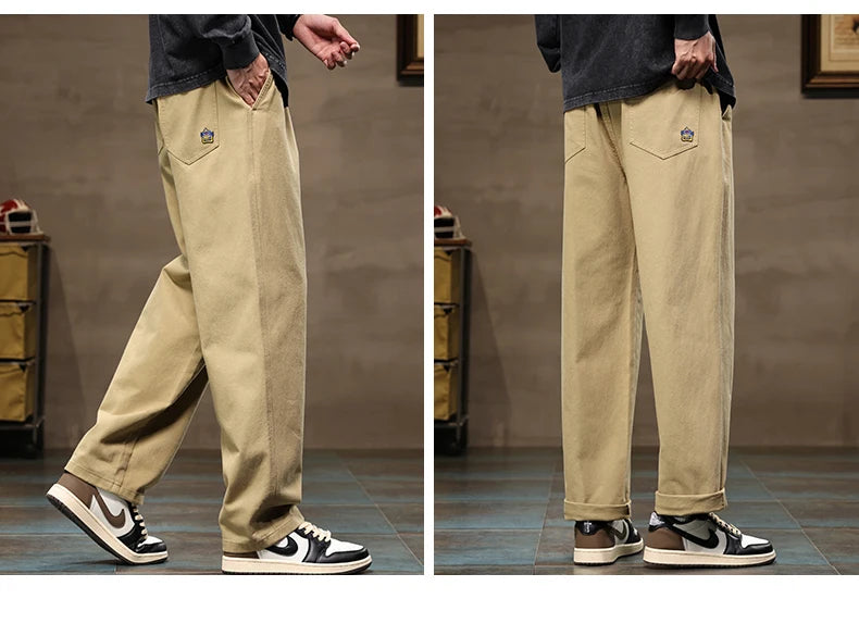 HIQOR Men's Casual Jogger Pants – Loose Straight-Leg Cotton Vintage Cargo Trousers, Solid Color Streetwear