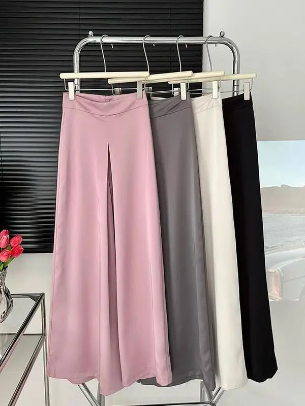 Women's High-Waisted White Satin Wide-Leg Pants – Elegant Floor-Length Spring/Summer Trousers
