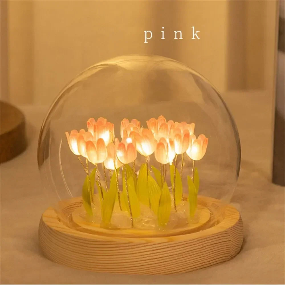 Handmade Artificial Tulip LED Night Light – DIY Transparent Cover Bedside Lamp | Home Decor & Ambient Lighting