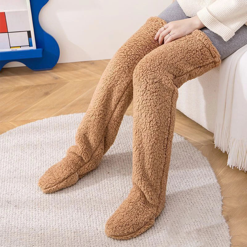 Over Knee Long Winter Socks Thigh High Double-sided Fleece Stockings Socks Solid Color Plush Leg Home Office Warmers