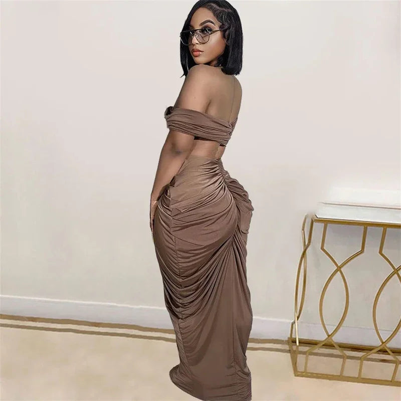 Party Night Ruched Maxi Dress Sets for Women Two Piece Set Sexy Club Outfits Slash Neck Crop Top + Long Skirt Matching Sets