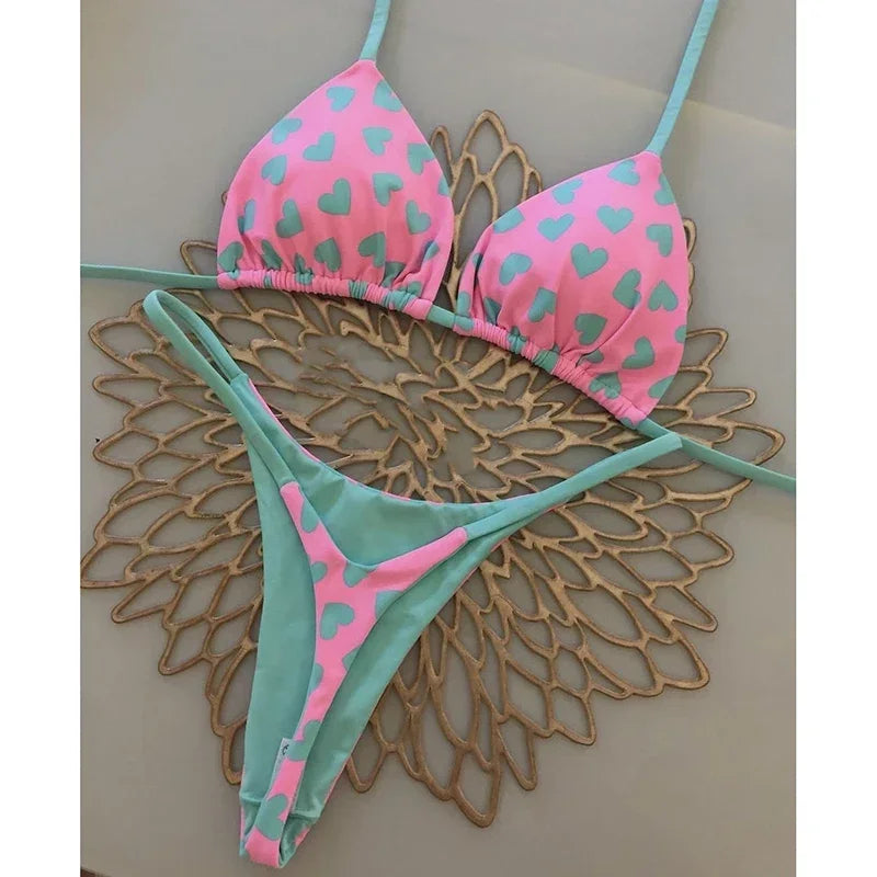 Women's Leopard Print Bikini Set – Two-Piece Swimsuit with Striped Thong Bottom – Summer Beachwear