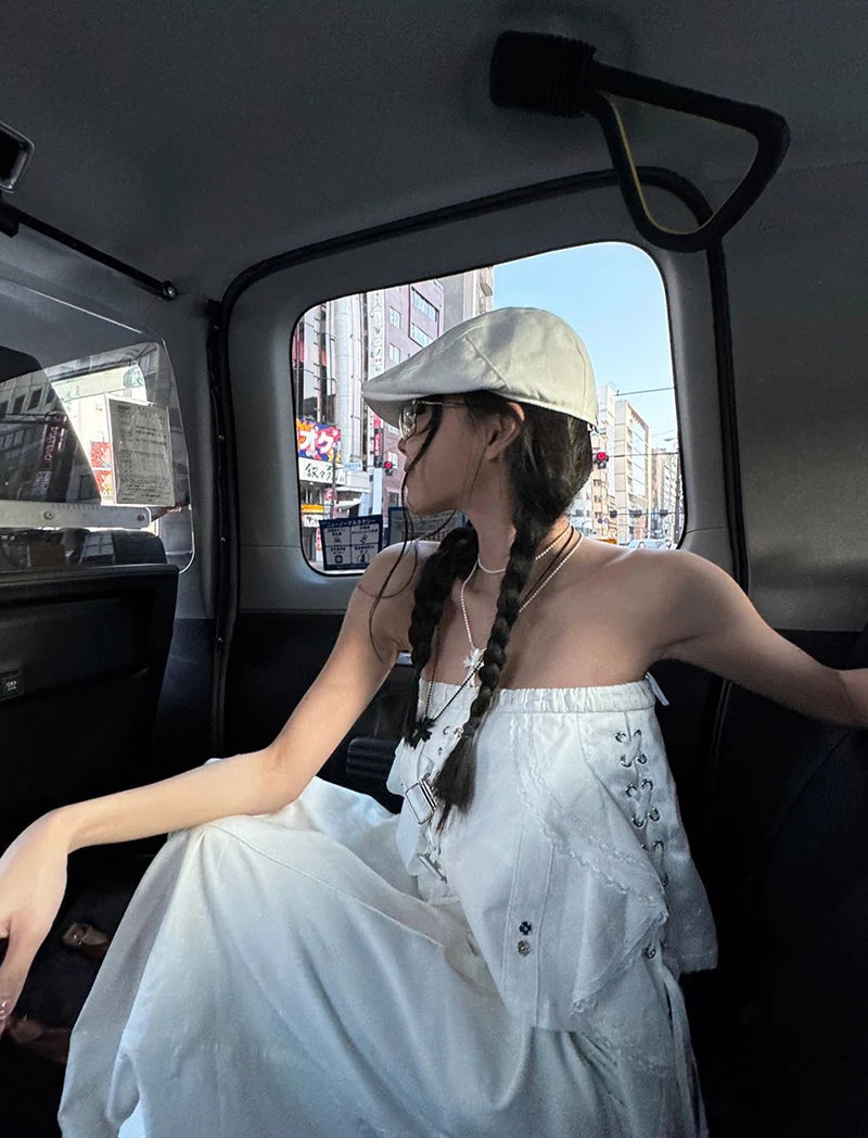 Y2K Gyaru Crop Tank Top for Women – White Strapless Asymmetrical Lace Camisole | Coquette Grunge Aesthetic Streetwear