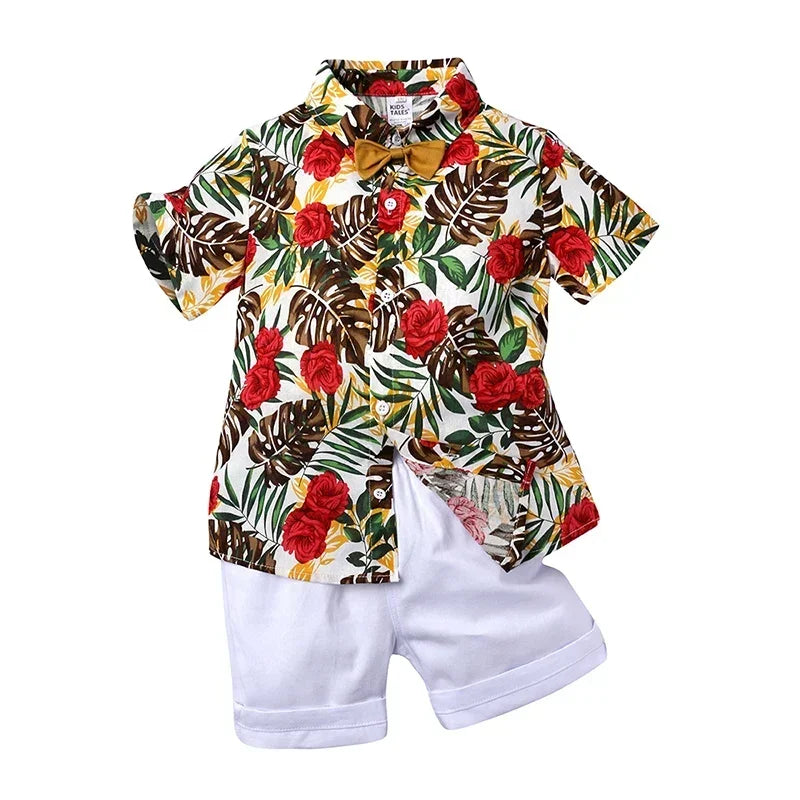 Baby Boys Summer Hawaiian Outfit – Infant & Toddler Gentleman Set with Floral Shirt, Bowtie & Shorts