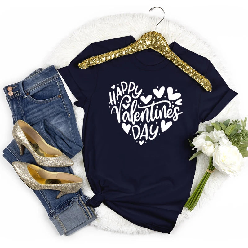 Happy Valentine's Day Crew Neck Short Sleeve T-shirt Women Heart Love Design Fashion Casual Tops Valentines Day Gifts T-shirts