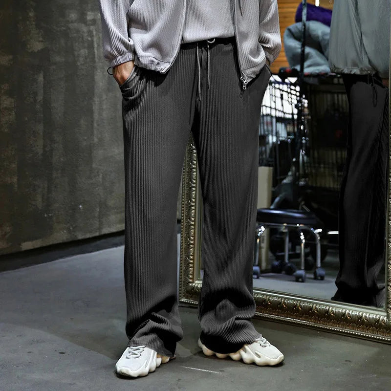 Men's Casual High-Waist Wide-Leg Pants – Loose Fit, Striped, Straight-Leg, Spring & Autumn Style