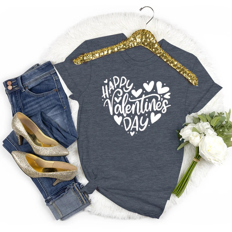 Happy Valentine's Day Crew Neck Short Sleeve T-shirt Women Heart Love Design Fashion Casual Tops Valentines Day Gifts T-shirts