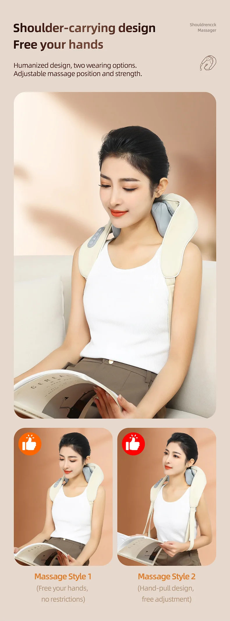 20W Wireless Neck & Shoulder Massager – Beige Kneading Massage Shawl for Back, Cervical & Trapezius