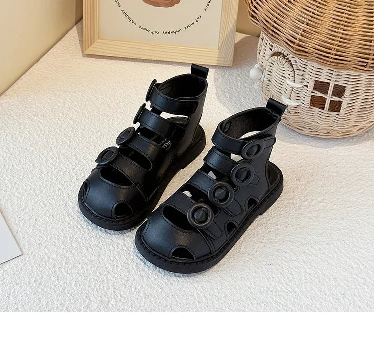 Kids High-Top Beach Shoes – Hollowed-Out Princess Sandals with Hook & Loop Strap | Trendy Summer Solid Color Children’s Sandals