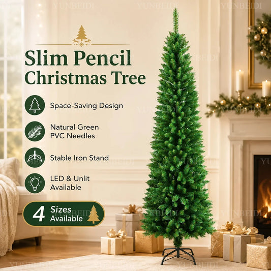 Slim Pencil Artificial Christmas Tree with Metal Stand, 120–210 cm Green PVC Tree with Optional Warm White USB Lights