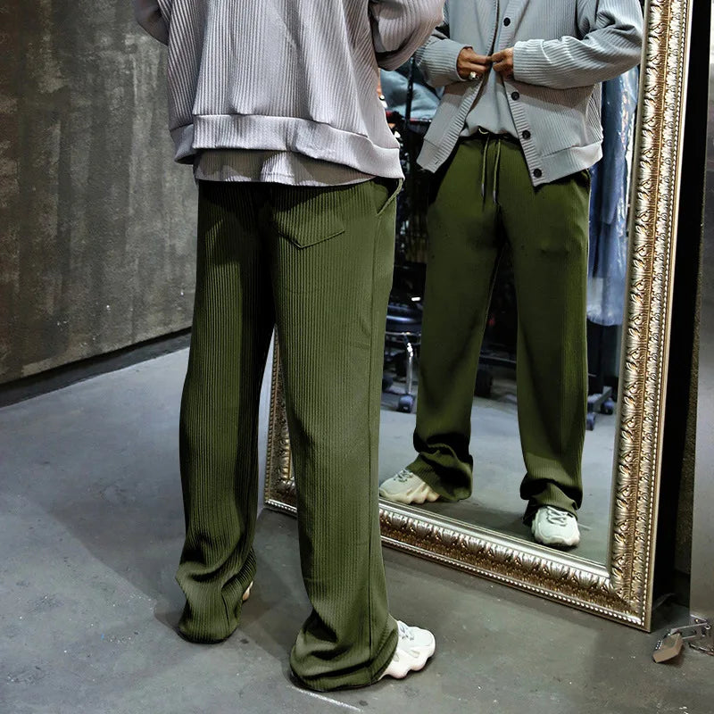 Men's Casual High-Waist Wide-Leg Pants – Loose Fit, Striped, Straight-Leg, Spring & Autumn Style
