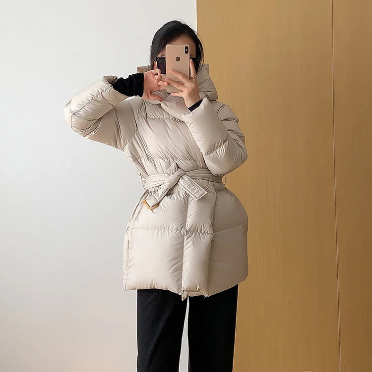 Women's Winter Jackets Ultra Light Warm Puffer Jacket With Belt Plus Size Hooded Female Jacket