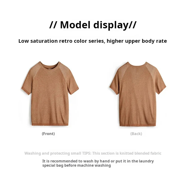 Maden New Vintage Orange Knitted Short Sleeve T-Shirt for Men – Summer Loose Fit Ribbed Crew Neck Tee, Breathable Casual Streetwear