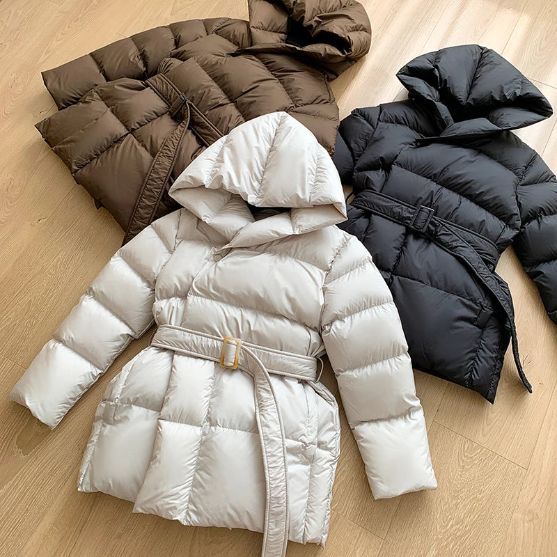 Women's Winter Jackets Ultra Light Warm Puffer Jacket With Belt Plus Size Hooded Female Jacket