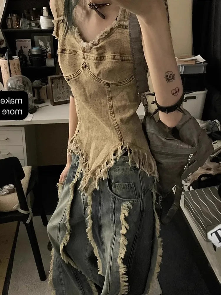Vintage Denim Vest for Women – Y2K Streetwear Sleeveless Tunic with Tassels, Irregular Hem Casual Summer Tank Top
