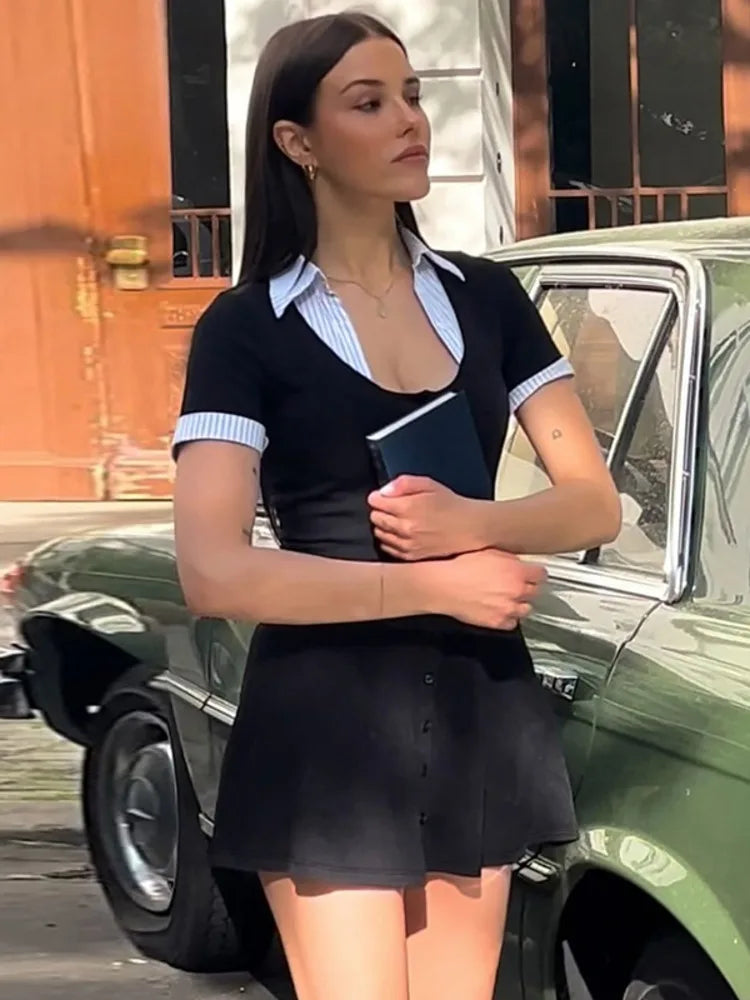 Short Sleeve Mini Dress – Square Neck Patchwork Striped High Waist Slim Fit Dress for Women