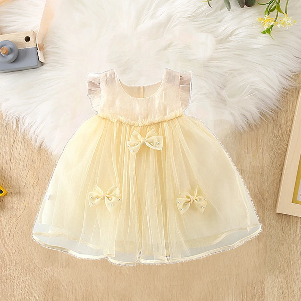 1Y-3Y Baby Girl Dress Summer Girl Bow Pearl Mesh Princess Dress Cute Girl's First Year Dress Birthday Party Dress Baby Girl Clothes