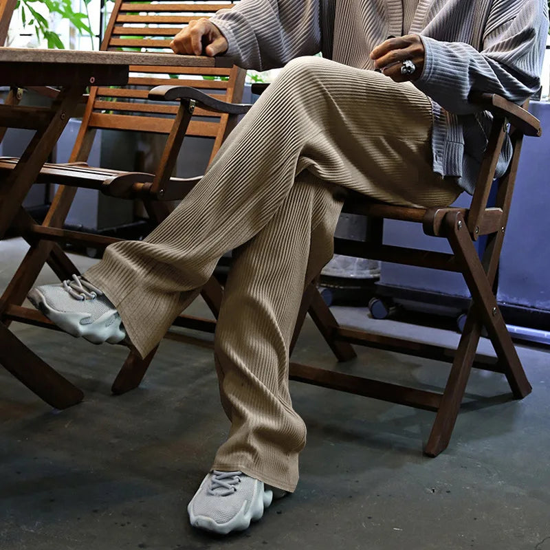 Men's Casual High-Waist Wide-Leg Pants – Loose Fit, Striped, Straight-Leg, Spring & Autumn Style
