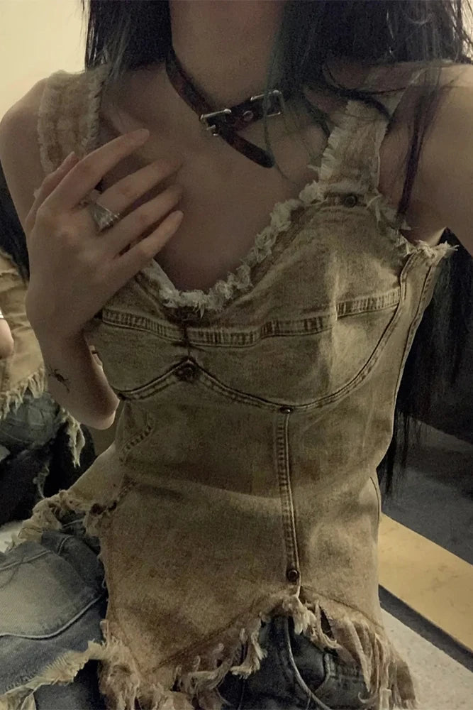 Vintage Denim Vest for Women – Y2K Streetwear Sleeveless Tunic with Tassels, Irregular Hem Casual Summer Tank Top