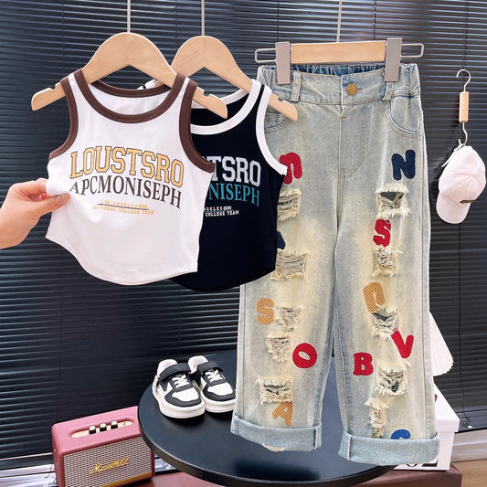 Spring Summer Girls Clothing Set – Big Girl Fashion T-Shirt Vest Top + Letter Embroidered Jeans – Street Dance Performance Costume