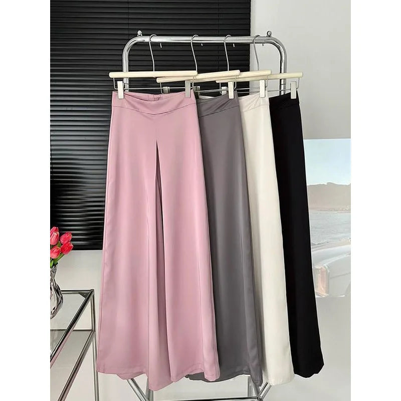 Women's High-Waisted White Satin Wide-Leg Pants – Elegant Floor-Length Spring/Summer Trousers