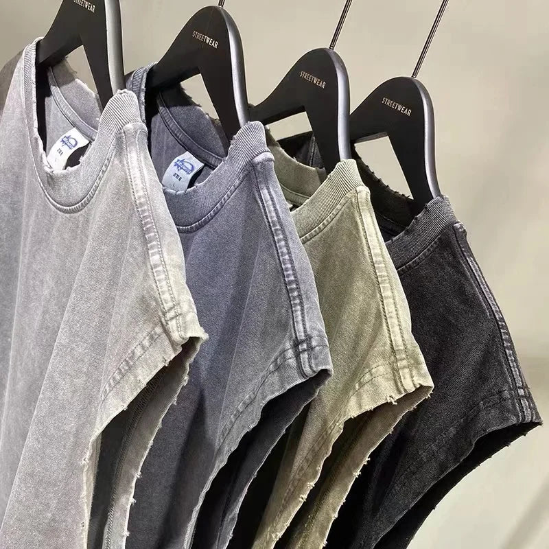 WASH vintage batik grinding edge Manly Vest Europe and the United States trend loose base T- shirts