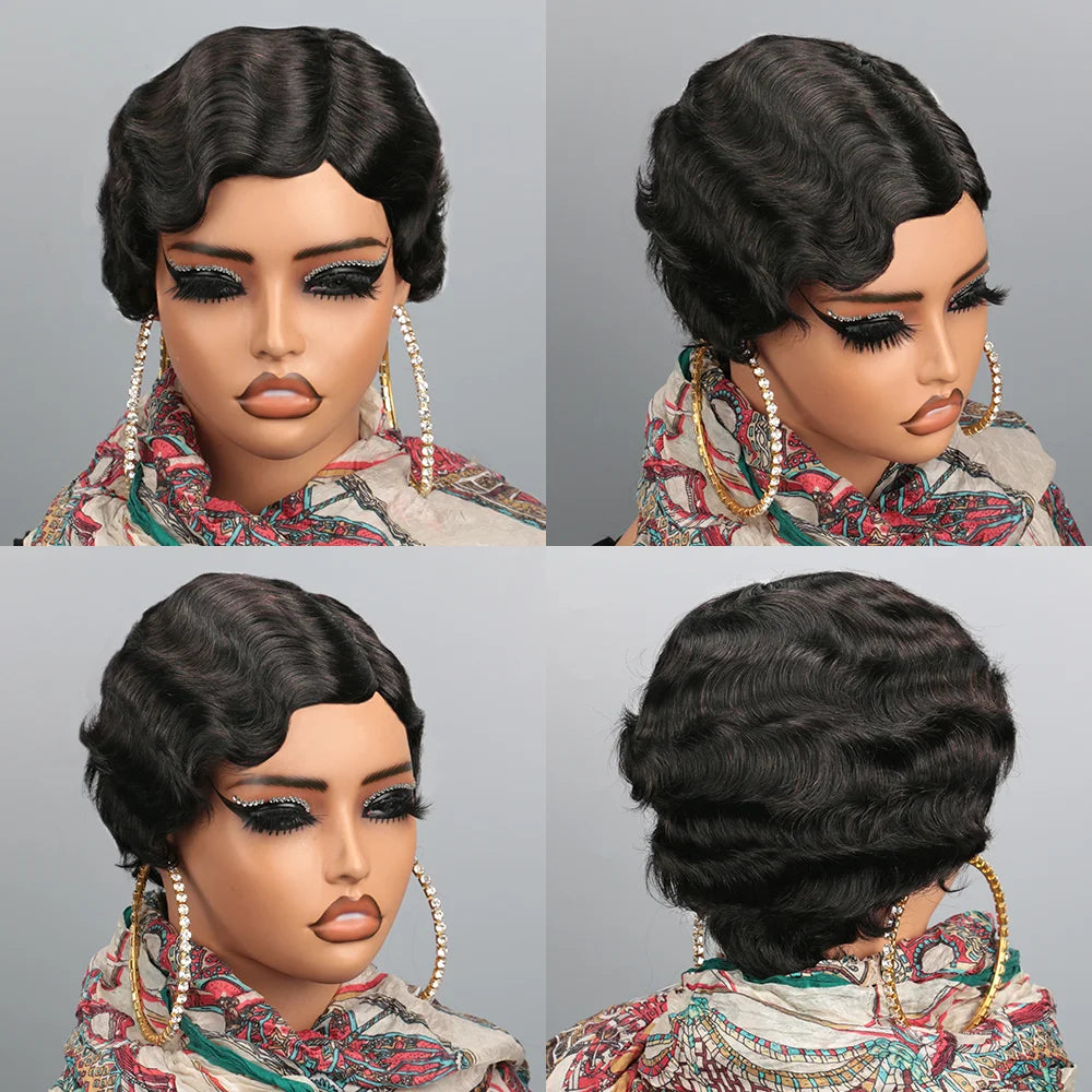 Short Finger Wave Human Hair Wig for Women – Brown Pixie Cut Ocean Wave Wig, Natural Color