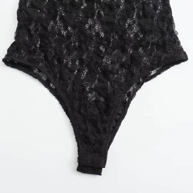 Women's Lace Bodysuit – Black Cutwork One-Piece, Long Sleeves, O-Neck, High-Stretch Fabric – Elegant Autumn Wear