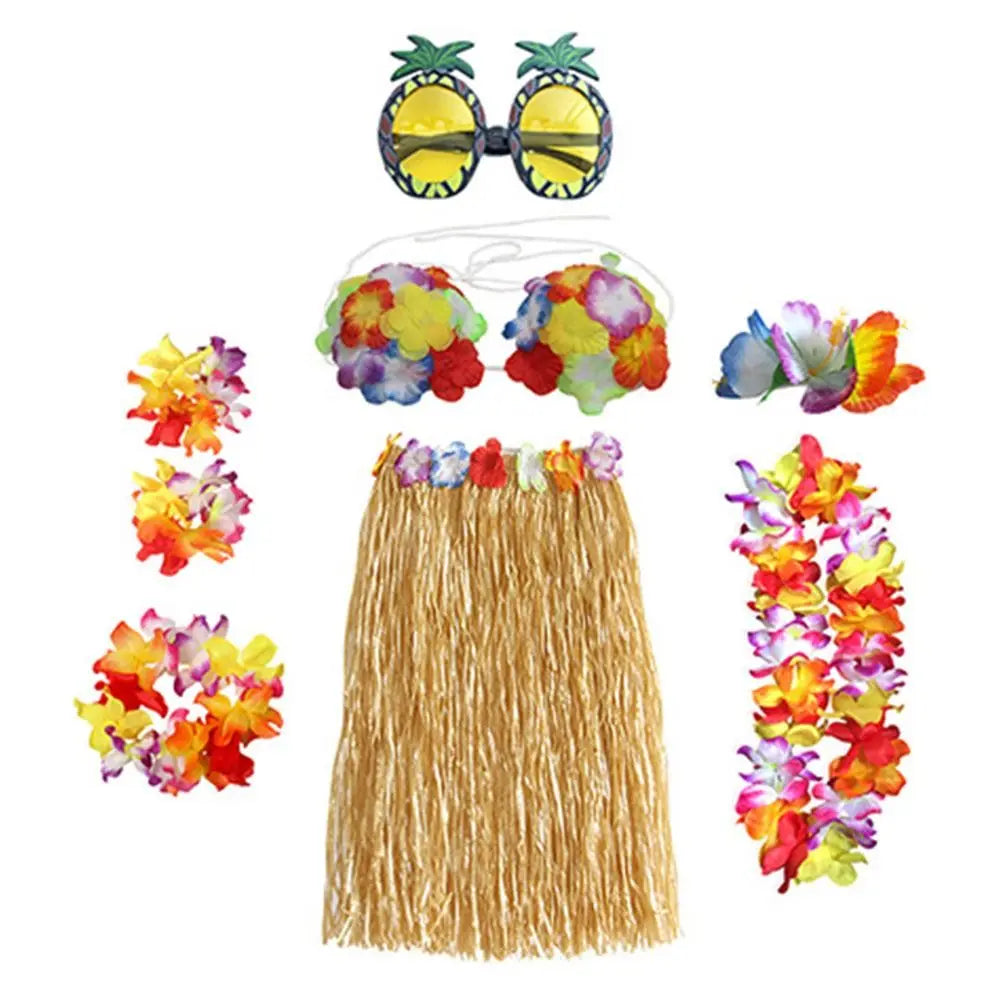 8-Piece Hawaiian Hula Costume Set – Grass Skirt, Flower Lei Necklace, Headband, Anklets & Bracelets for Parties and Dress-Up