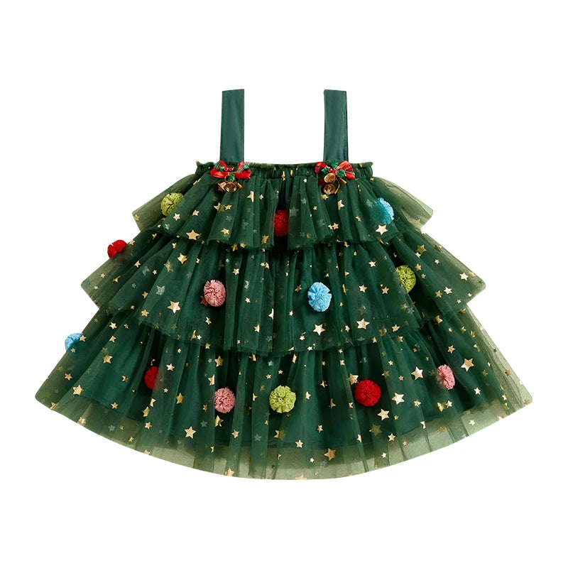 1-9 Years Girls Fashion Valentine Day Dress Kids Star Print Square Neck Sleeveless Children’s Layered Tulle with 3D Heart Clothes