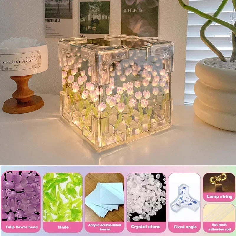 Handmade Artificial Tulip LED Night Light – DIY Transparent Cover Bedside Lamp | Home Decor & Ambient Lighting