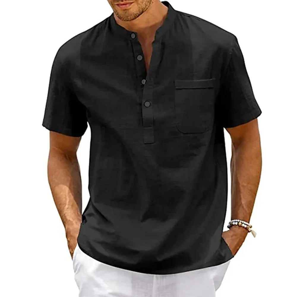 Men’s Cotton Linen Henley Shirt – Casual Short Sleeve Solid Color Beach Top with Pocket, Vintage Streetwear