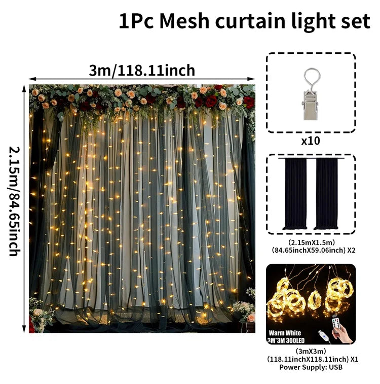 1 Set/2 Pieces Tulle Backdrop Curtains with Lights for Party Wedding Arch Baby Shower Birthday Party Photo Shoot Decorations