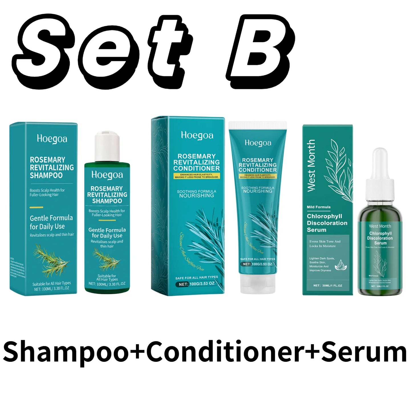 Rosemary Hair Care Set – Shampoo, Conditioner & Serum for Nourishing, Strengthening Hair and Smoothing Dry, Frizzy Hair